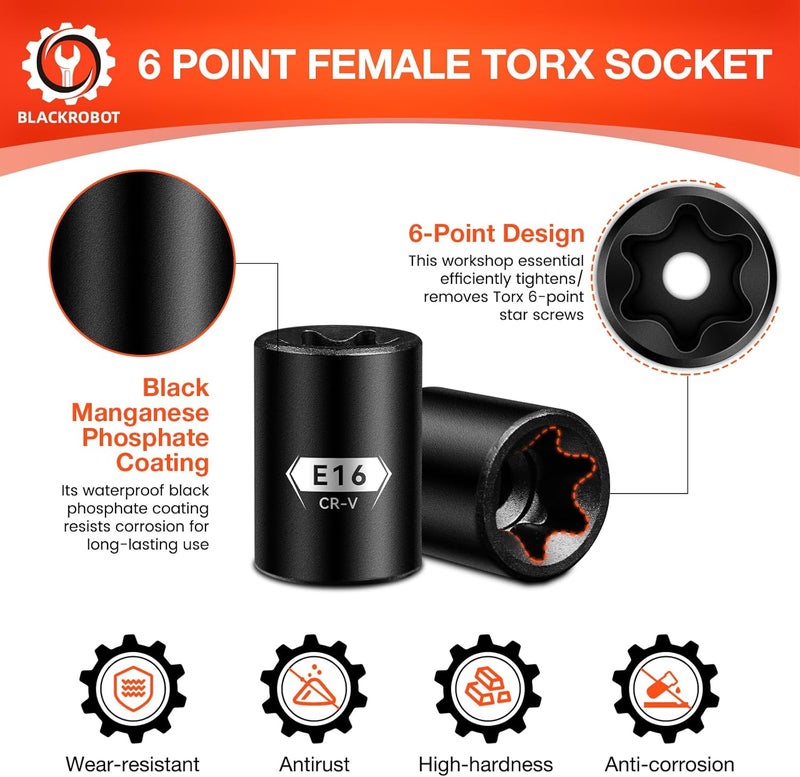 BLACKROBOT E Torx & Star Socket Set With Rail, 11-Piece Female External Sockets, 3/8" 1/4" Drive Precision Torque Inverted Torx Kit, E4 E5 E6 E7 E8 E10 E12 E14 E16 E18 E20 Reverse Socket - Image 3